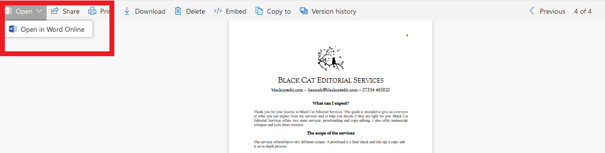 Open in Word Online ed